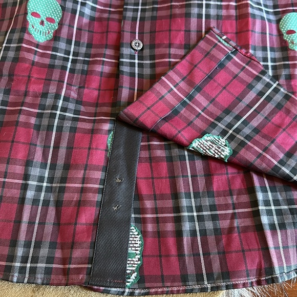 Rule 18 *NWT* Men's Bobby Jones Dark Red Tartan Plaid Skull Sport Golf Shirt - Picture 6 of 10